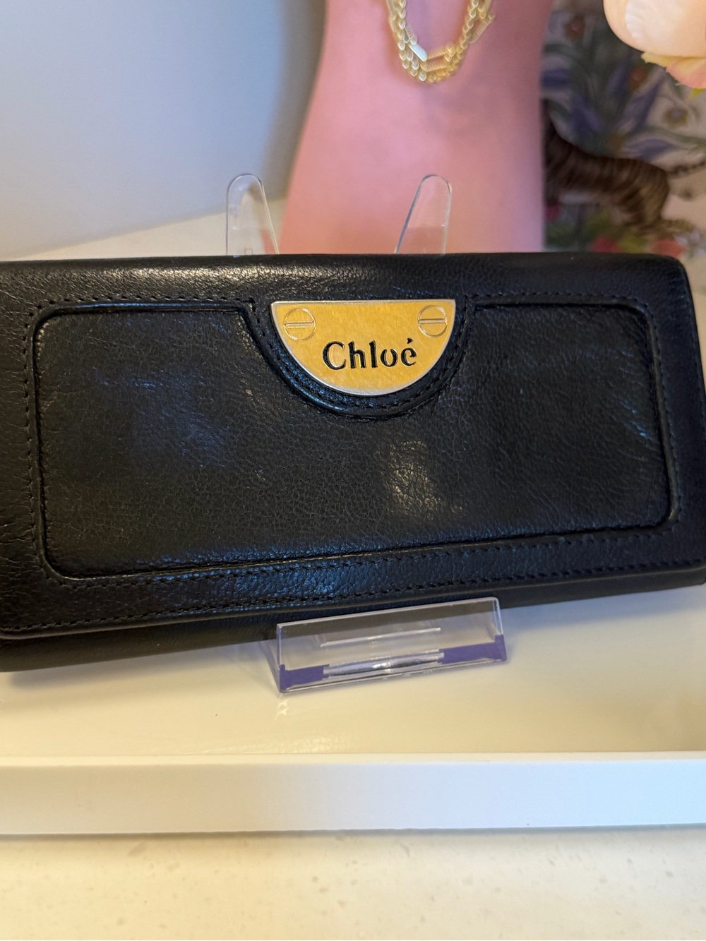 Chloé Black Leather Phone Case with Gold Logo Plate